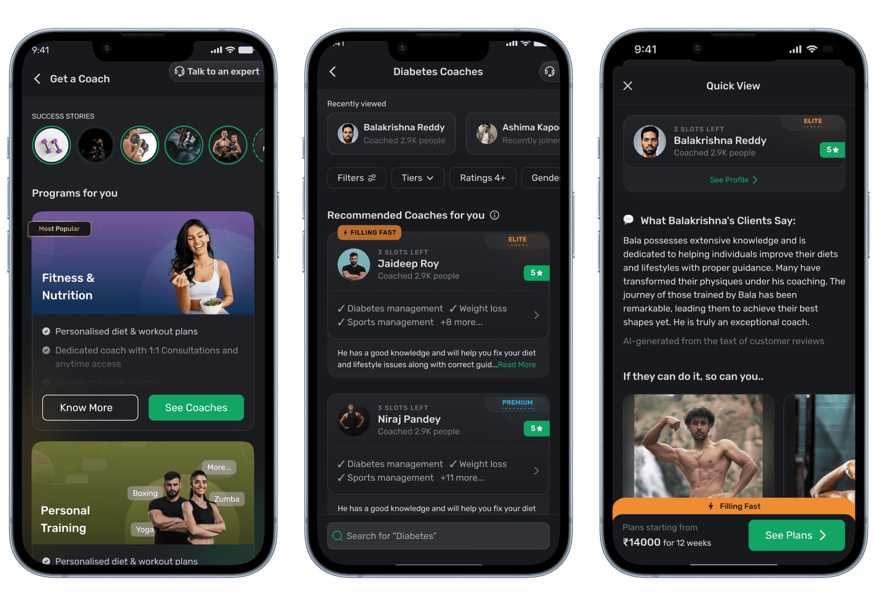 Three tight crops: coach listing, coach profile, checkout