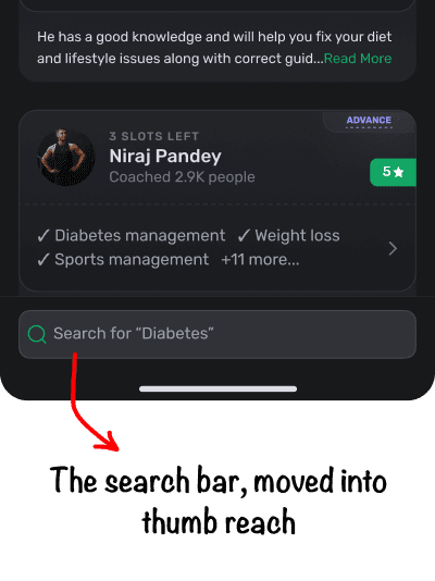 The search bar, moved into thumb reach